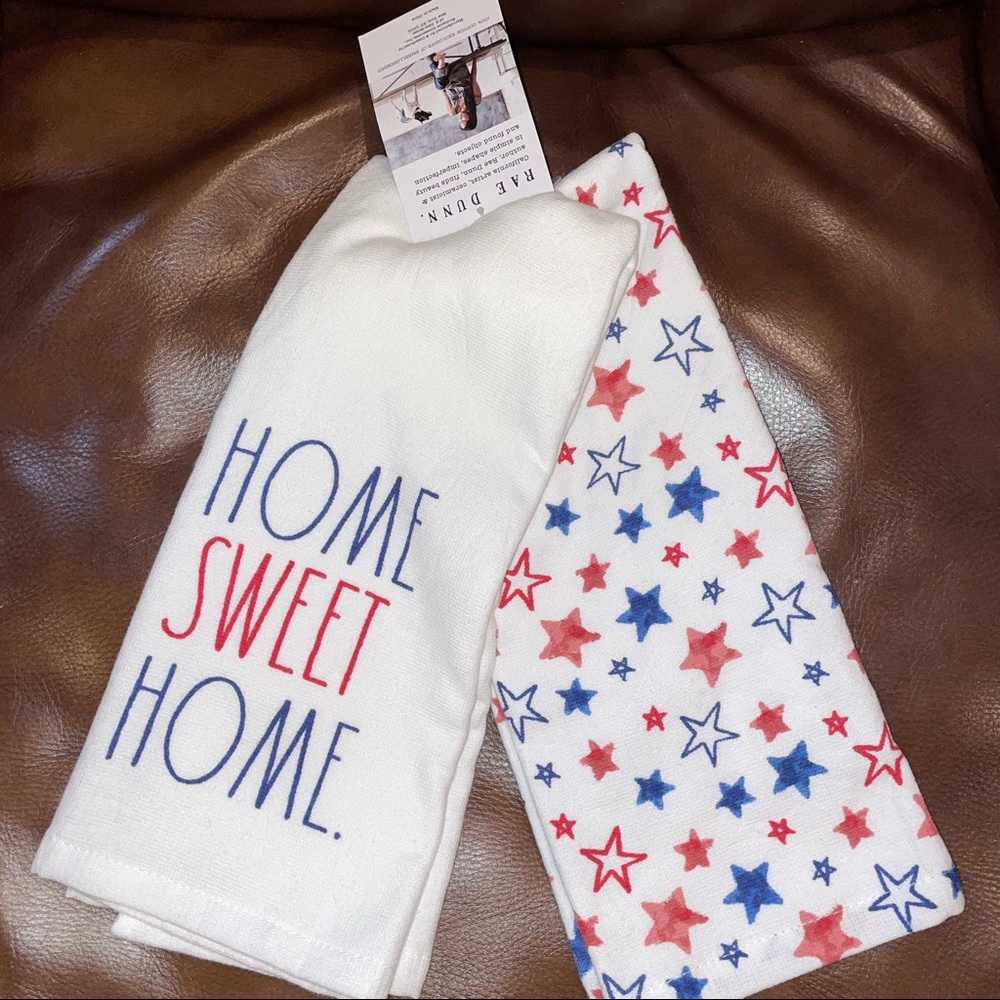 Rae Dunn Set of 2 Towels HOME SWEET HOME Patriotic Red White & Blue Stars NEW!